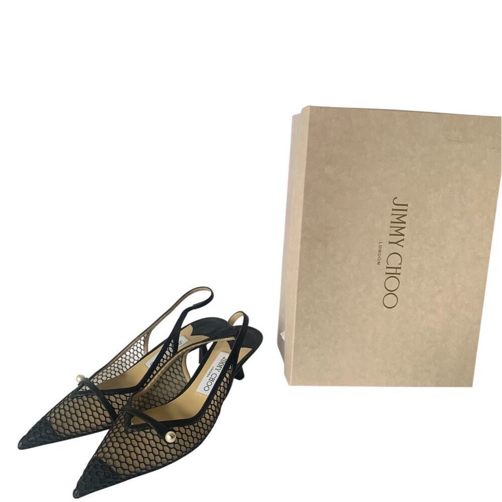 Jimmy Choo Black Amita 45 Mesh Slingback Pumps Heels Shoes sz 37.5